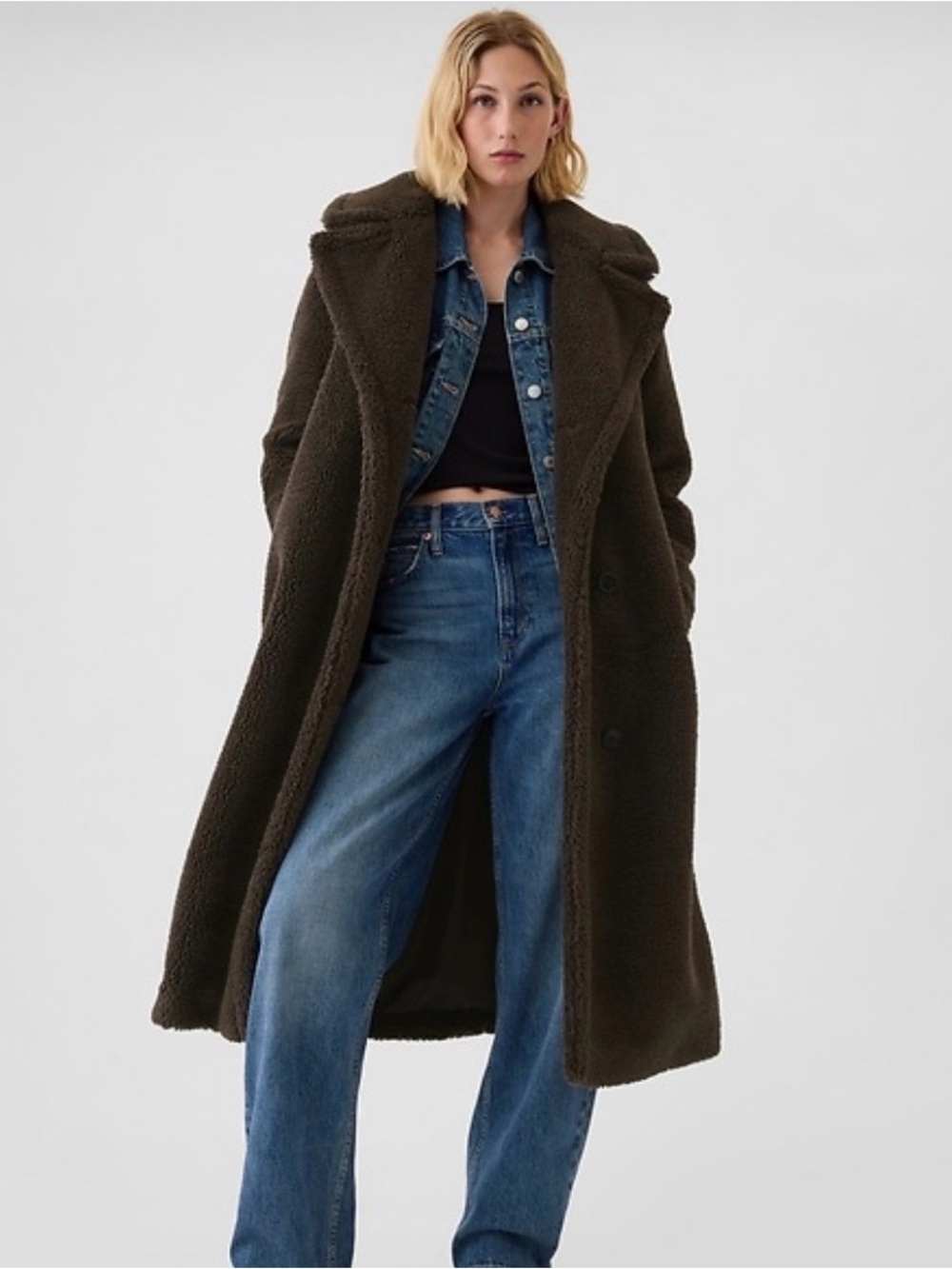 GAP Long Teddy Coat in Espresso Brown